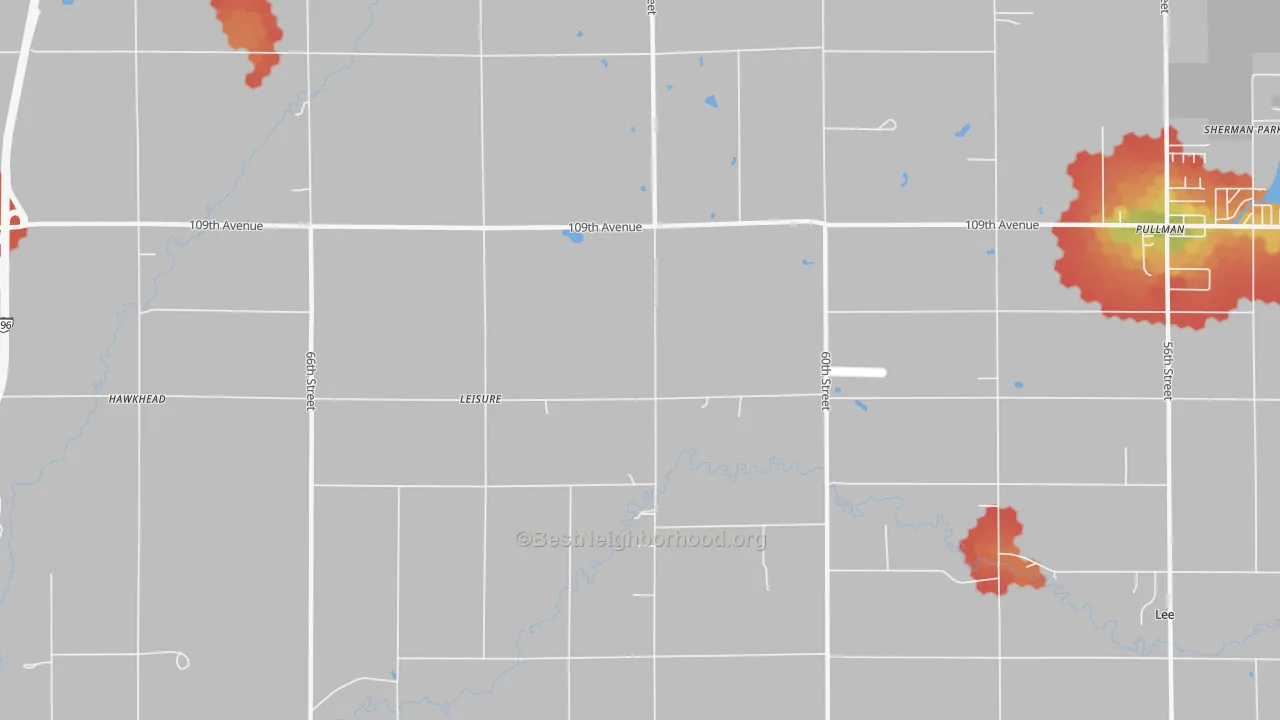 Walk Grade map of Leisure, MI, walkable areas in green and car-dependent areas in red