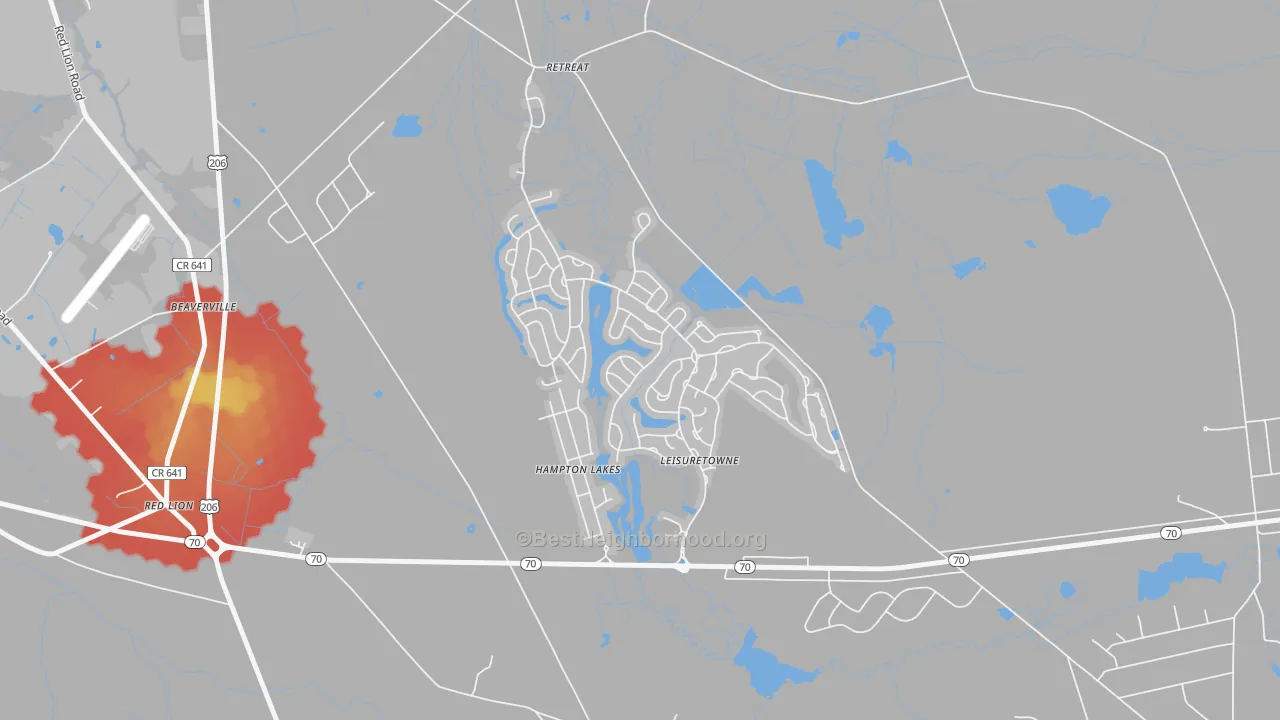 Walk Grade map of Leisuretowne, NJ, walkable areas in green and car-dependent areas in red