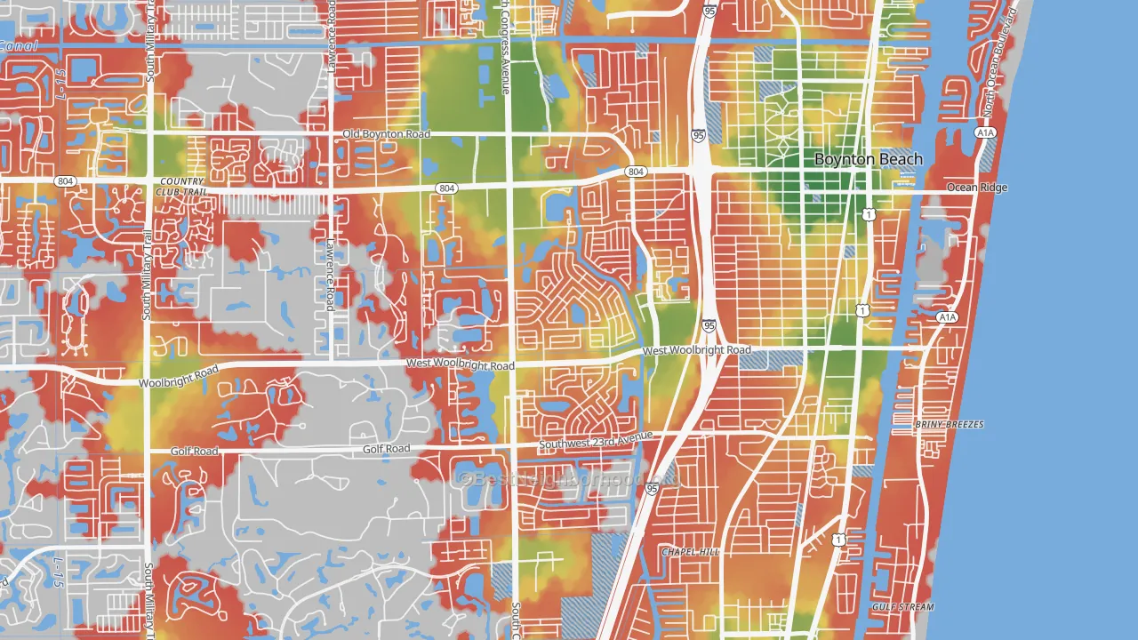 Walk Grade map of Leisureville, Boynton Beach, FL, walkable areas in green and car-dependent areas in red
