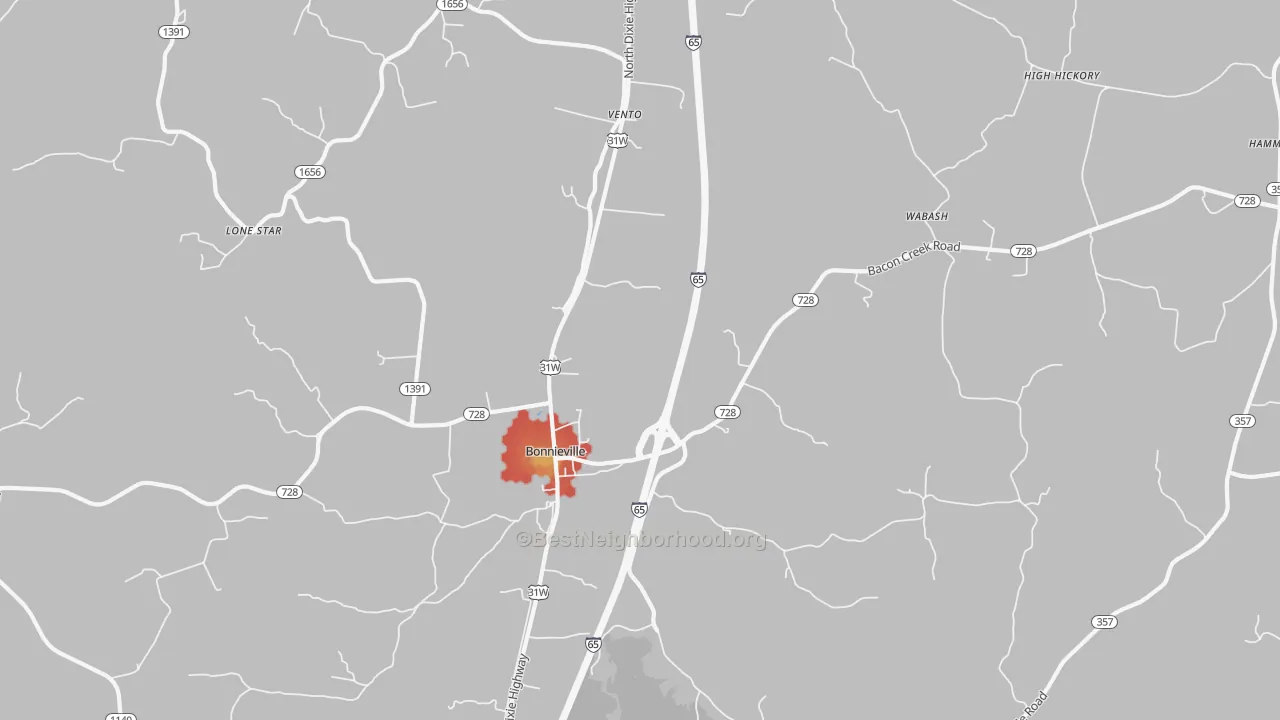 Walk Grade map of Leitchfield Crossing, KY, walkable areas in green and car-dependent areas in red