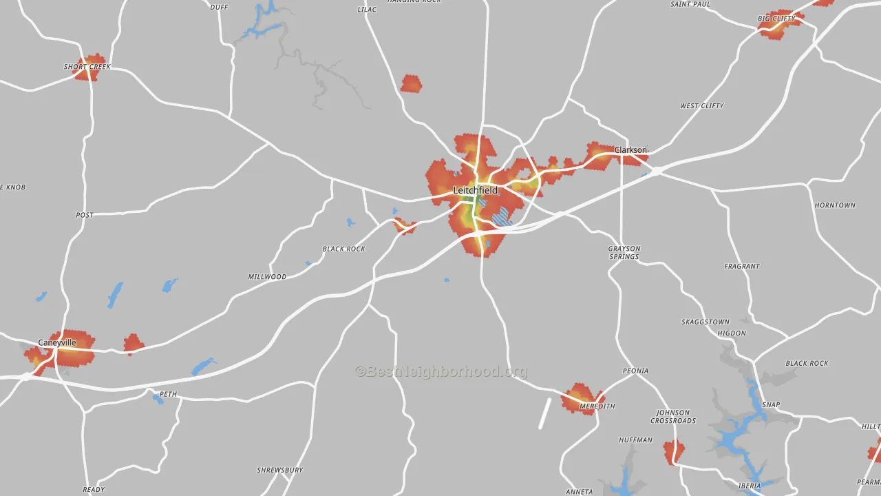 Walk Grade map of Leitchfield, KY, walkable areas in green and car-dependent areas in red