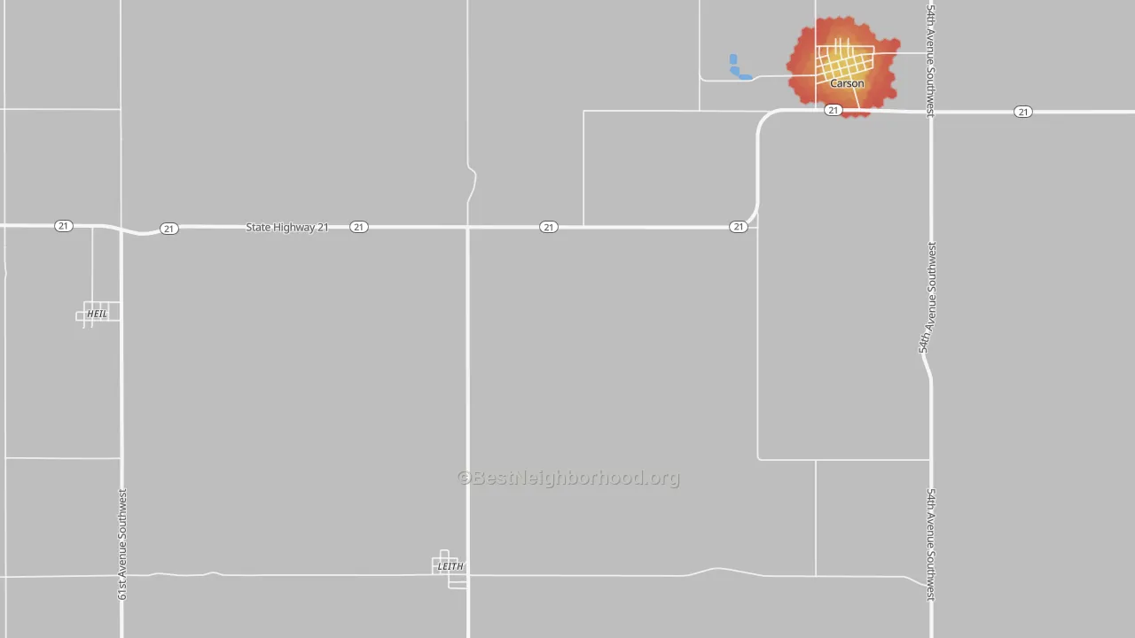 Walk Grade map of Leith, ND, walkable areas in green and car-dependent areas in red