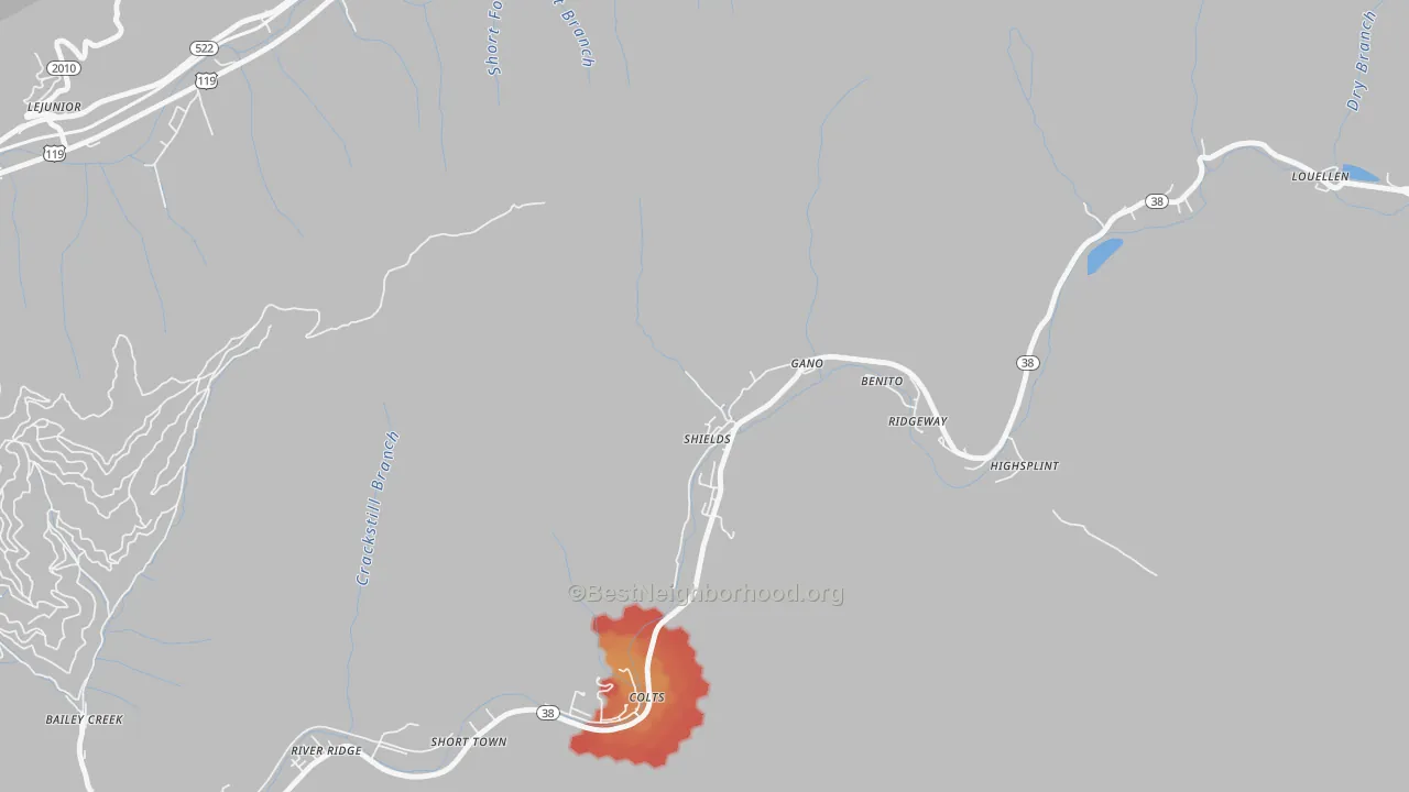 Walk Grade map of Lejunior, KY, walkable areas in green and car-dependent areas in red