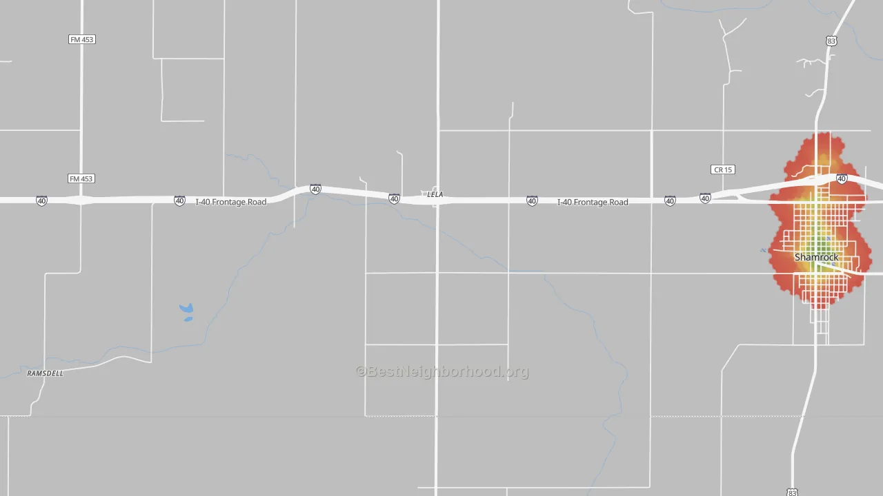 Walk Grade map of Lela, TX, walkable areas in green and car-dependent areas in red