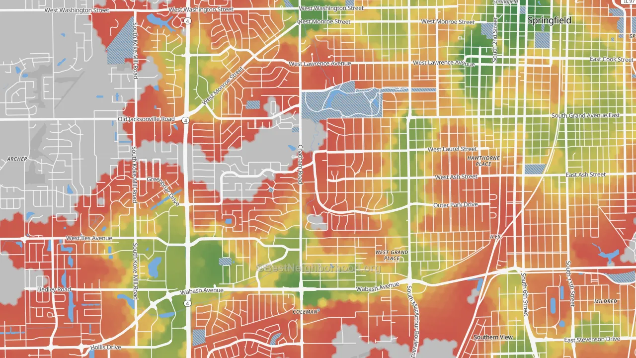Walk Grade map of Leland Grove, IL, walkable areas in green and car-dependent areas in red