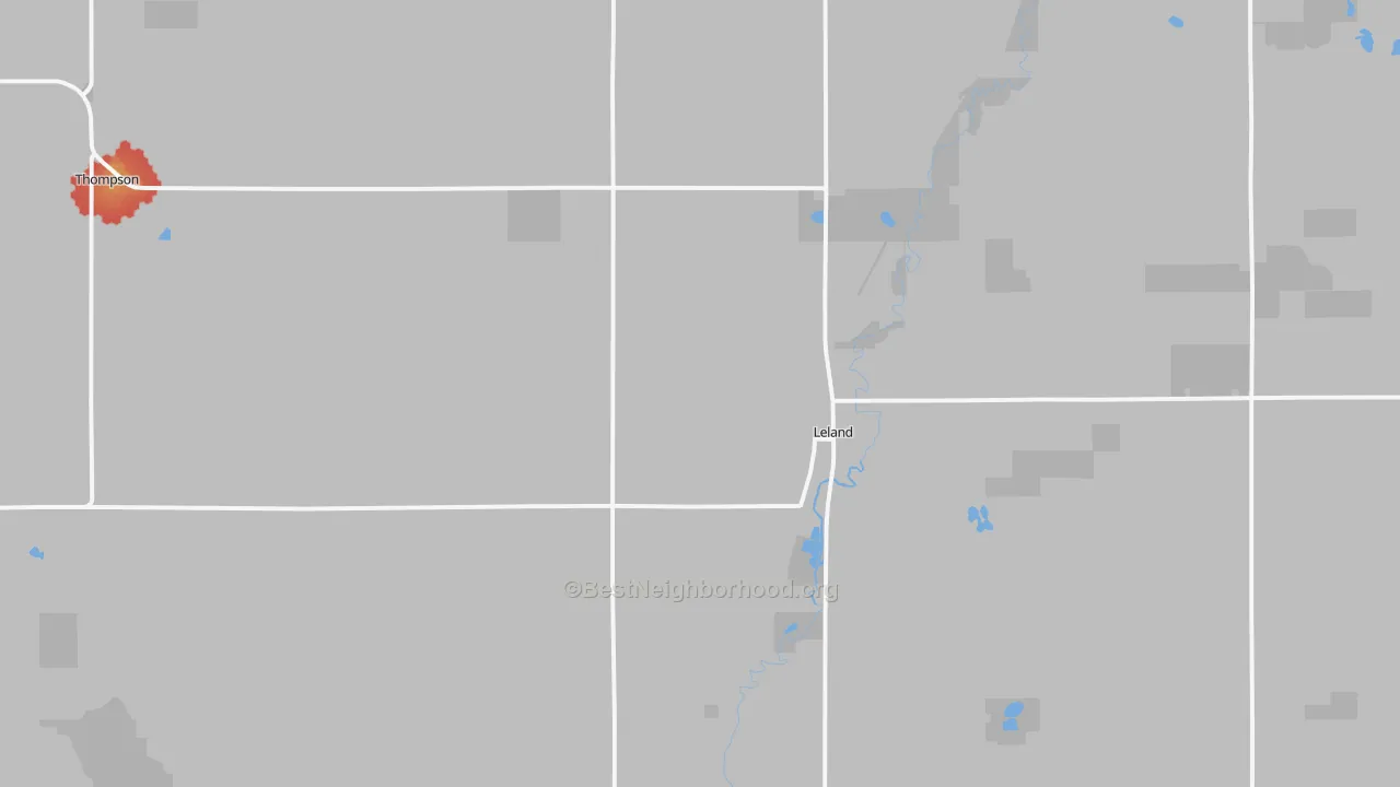 Walk Grade map of Leland, IA, walkable areas in green and car-dependent areas in red