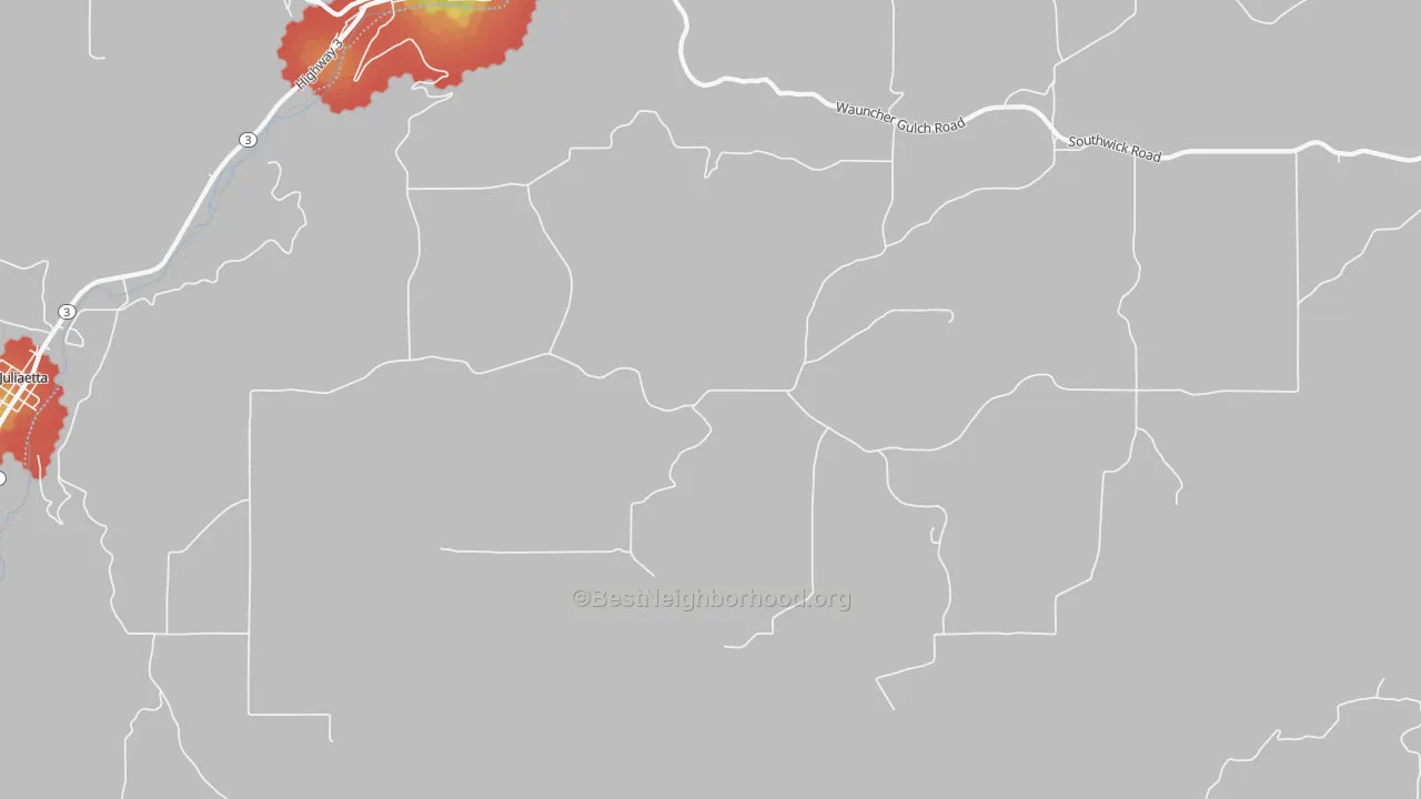 Walk Grade map of Leland, ID, walkable areas in green and car-dependent areas in red