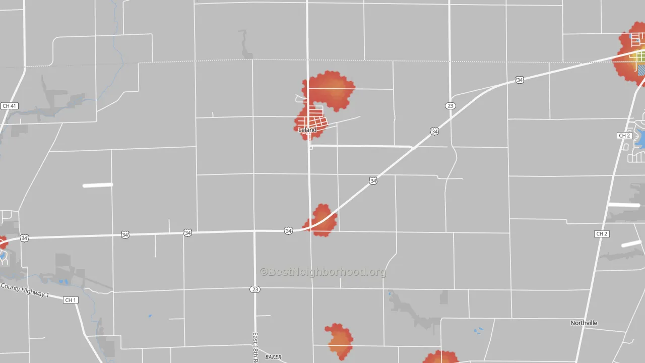Walk Grade map of Leland, IL, walkable areas in green and car-dependent areas in red