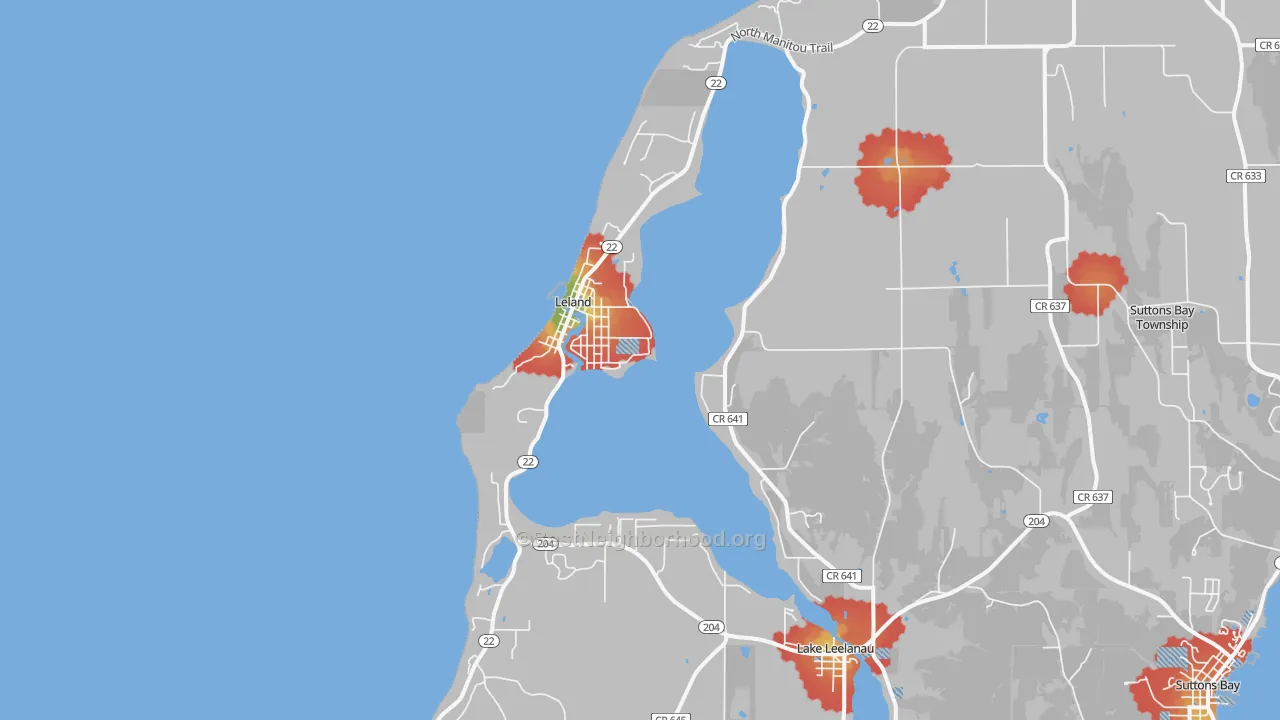 Walk Grade map of Leland, MI, walkable areas in green and car-dependent areas in red