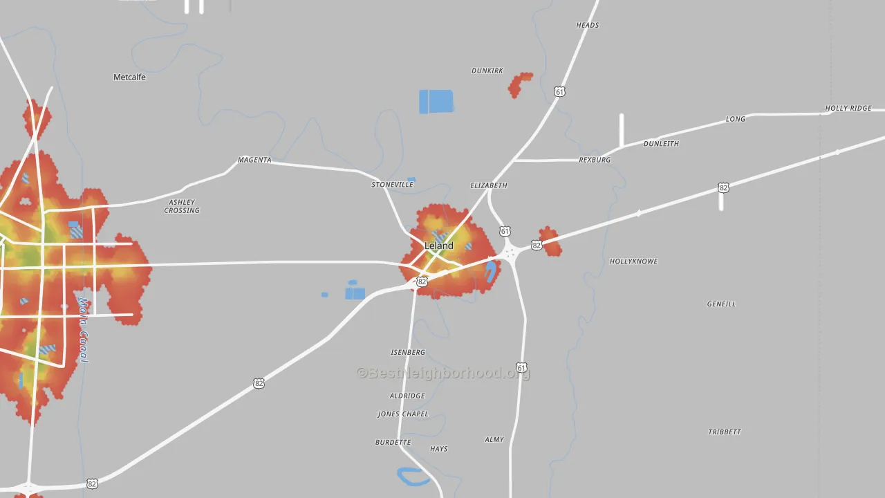 Walk Grade map of Leland, MS, walkable areas in green and car-dependent areas in red