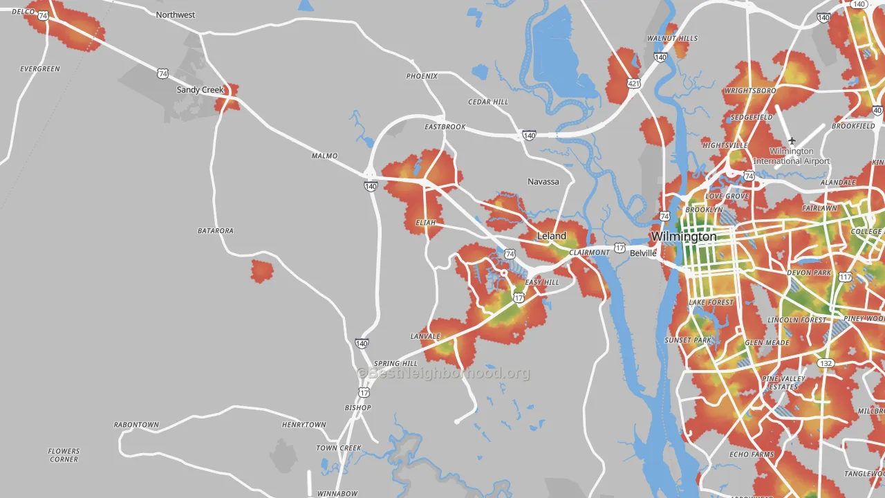 Walk Grade map of Leland, NC, walkable areas in green and car-dependent areas in red
