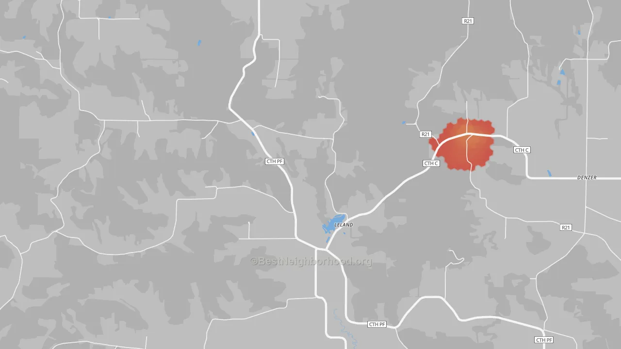 Walk Grade map of Leland, WI, walkable areas in green and car-dependent areas in red