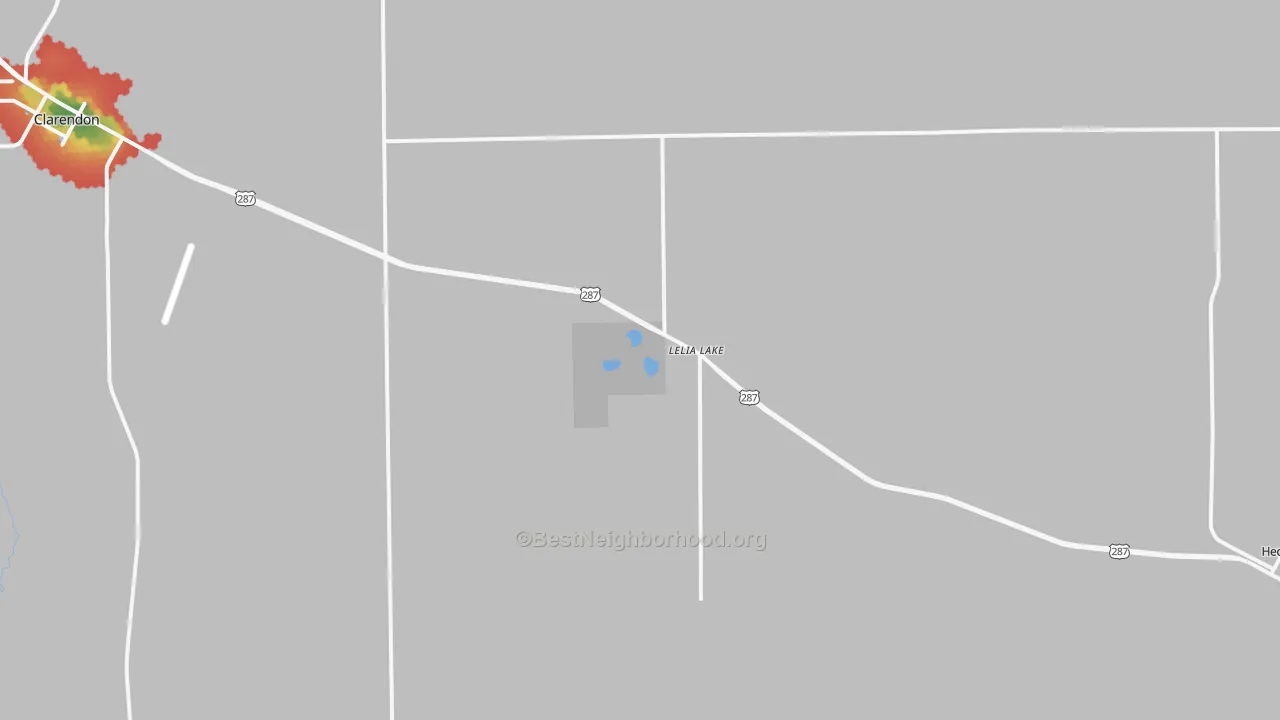 Walk Grade map of Lelia Lake, TX, walkable areas in green and car-dependent areas in red