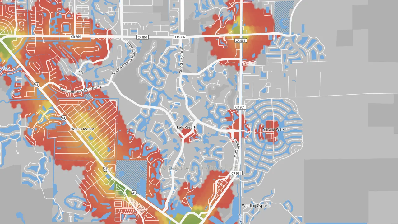Walk Grade map of Lely Resort, Naples, FL, walkable areas in green and car-dependent areas in red