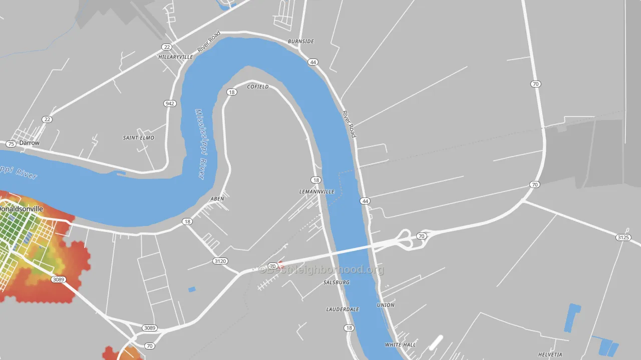 Walk Grade map of Lemannville, LA, walkable areas in green and car-dependent areas in red