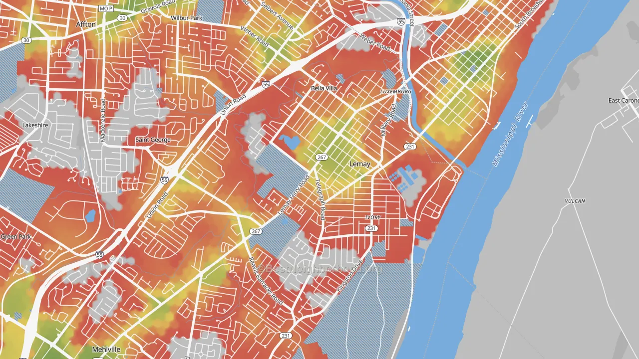 Walk Grade map of Lemay, MO, walkable areas in green and car-dependent areas in red