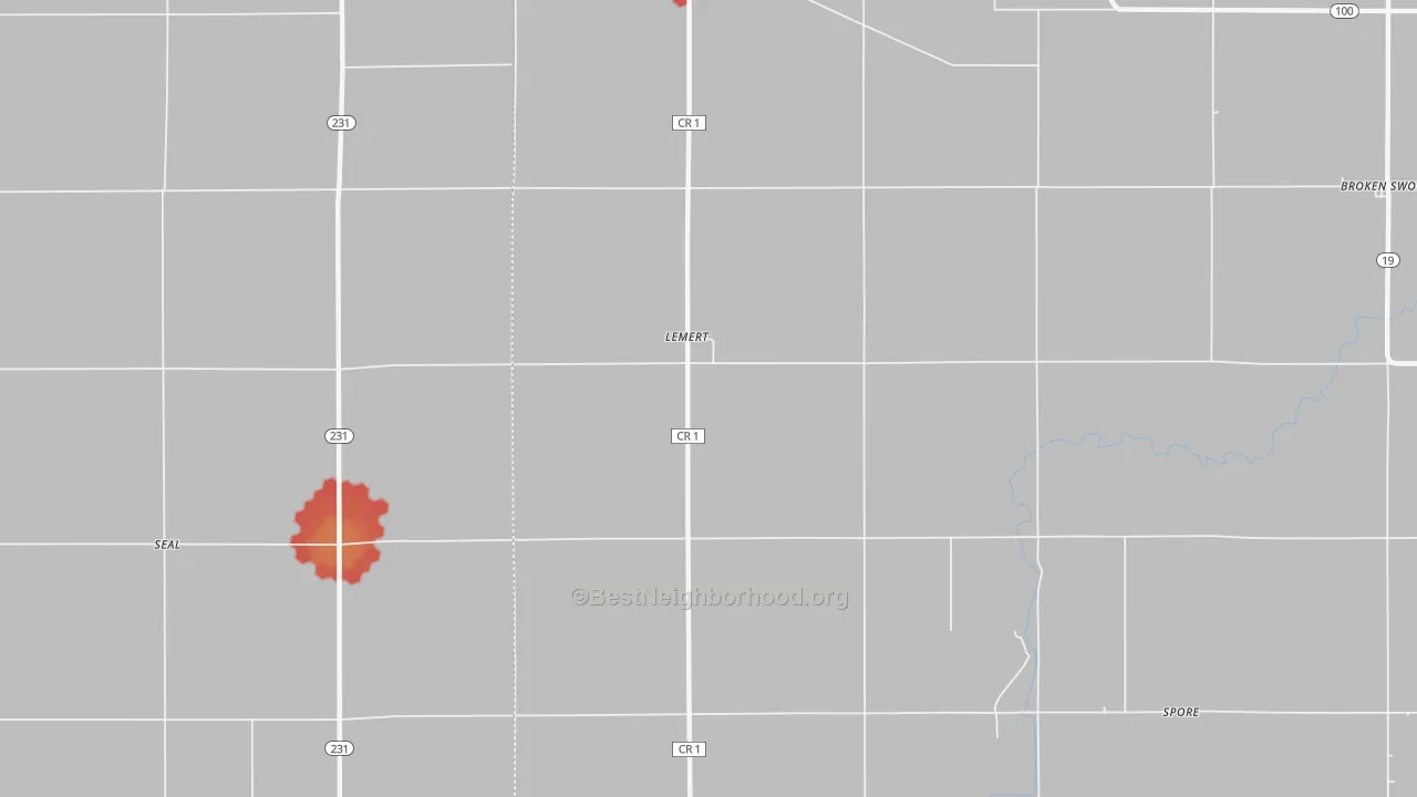 Walk Grade map of Lemert, OH, walkable areas in green and car-dependent areas in red
