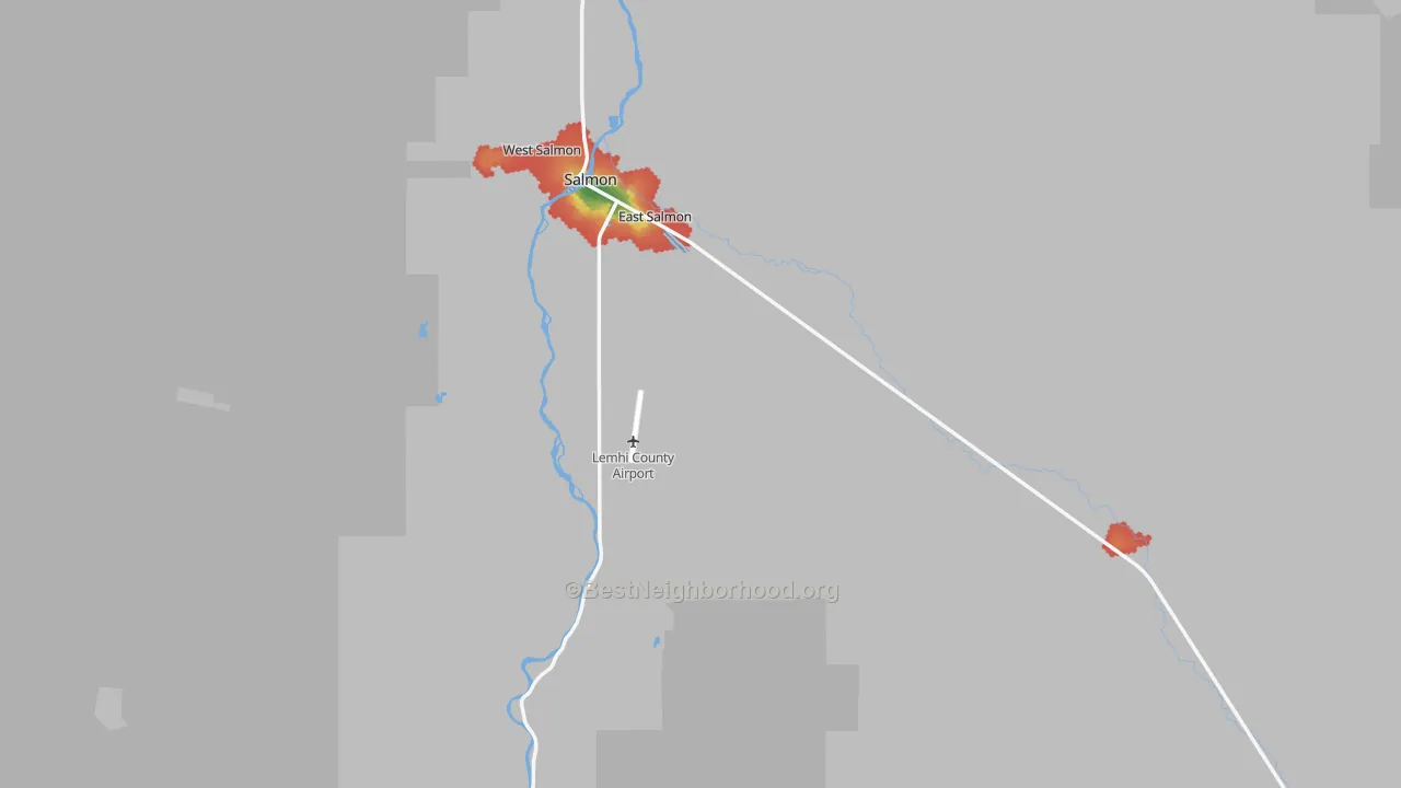 Walk Grade map of Lemhi County, ID, walkable areas in green and car-dependent areas in red