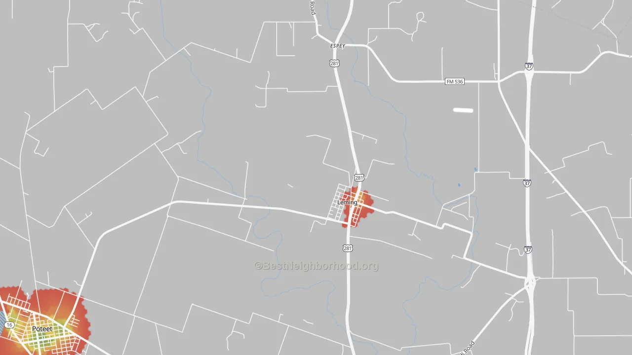 Walk Grade map of Leming, TX, walkable areas in green and car-dependent areas in red