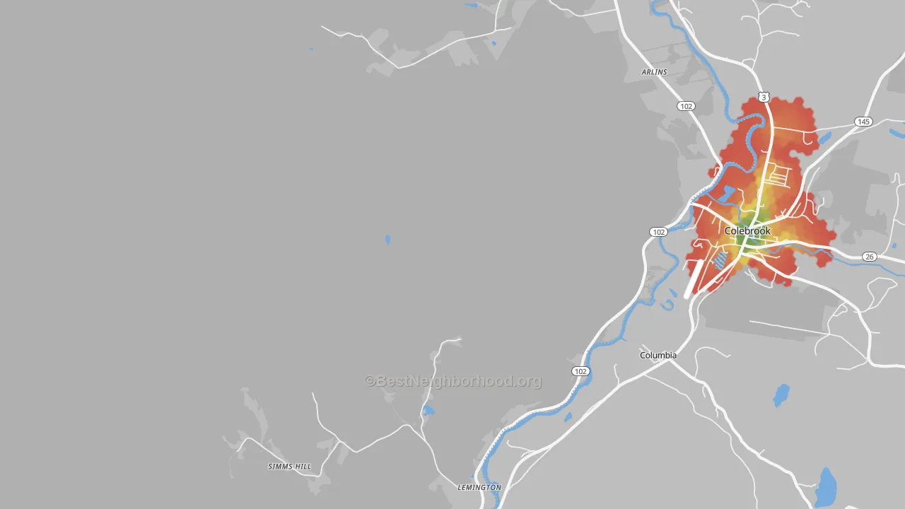 Walk Grade map of Lemington, VT, walkable areas in green and car-dependent areas in red
