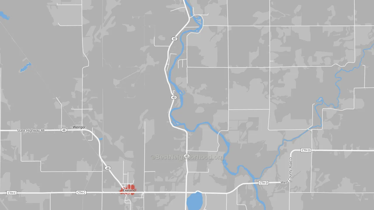 Walk Grade map of Lemington, WI, walkable areas in green and car-dependent areas in red