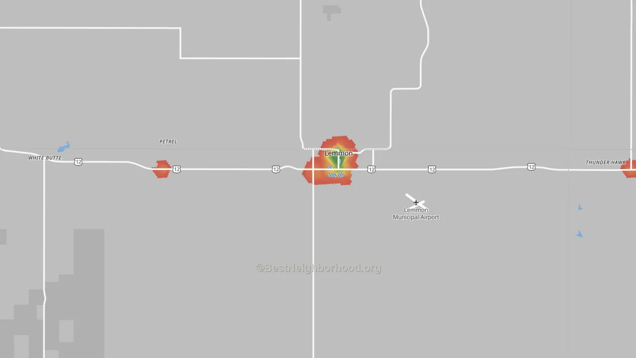 Walk Grade map of Lemmon, SD, walkable areas in green and car-dependent areas in red