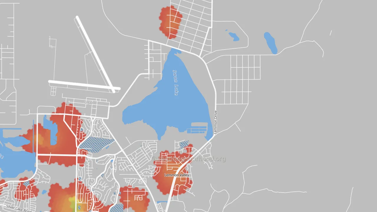Walk Grade map of Lemmon Valley, NV, walkable areas in green and car-dependent areas in red