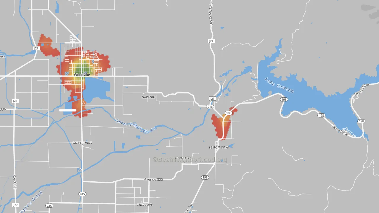 Walk Grade map of Lemon Cove, CA, walkable areas in green and car-dependent areas in red