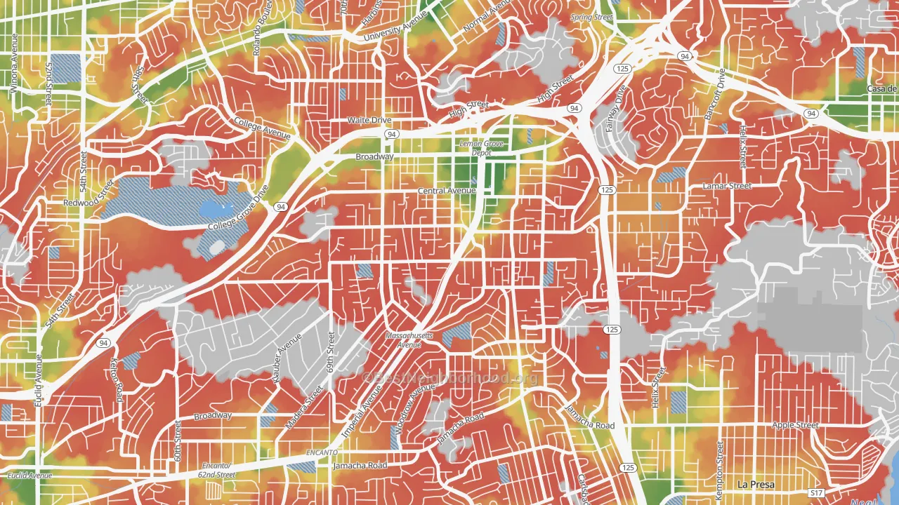 Walk Grade map of Lemon Grove, CA, walkable areas in green and car-dependent areas in red