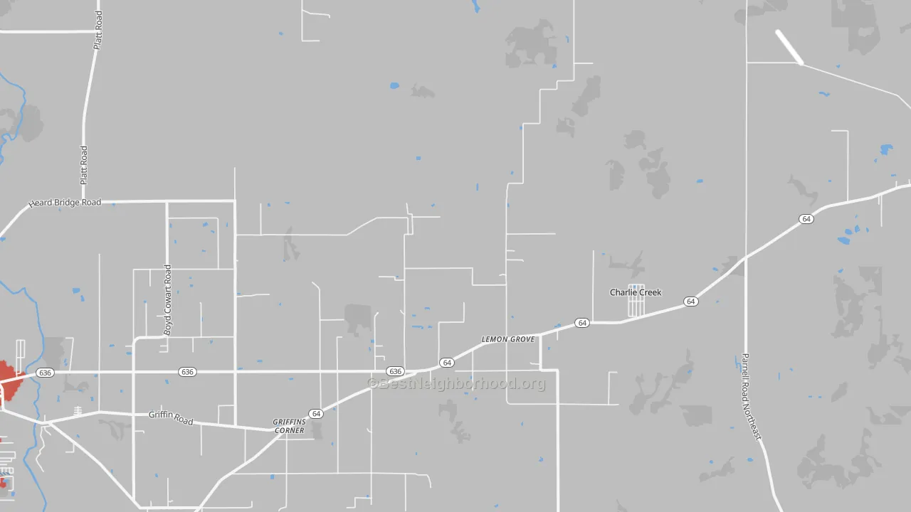 Walk Grade map of Lemon Grove, FL, walkable areas in green and car-dependent areas in red
