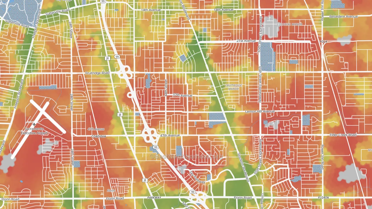 Walk Grade map of Lemon Hill, CA, walkable areas in green and car-dependent areas in red