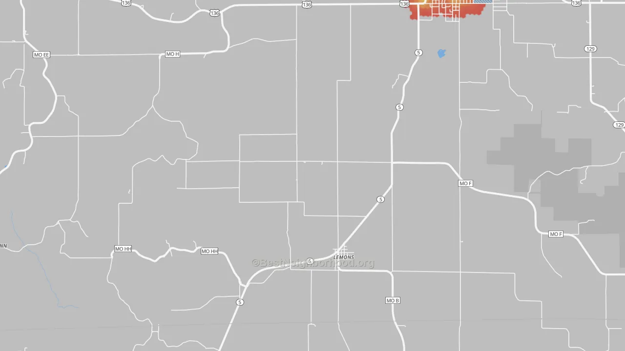 Walk Grade map of Lemons, MO, walkable areas in green and car-dependent areas in red