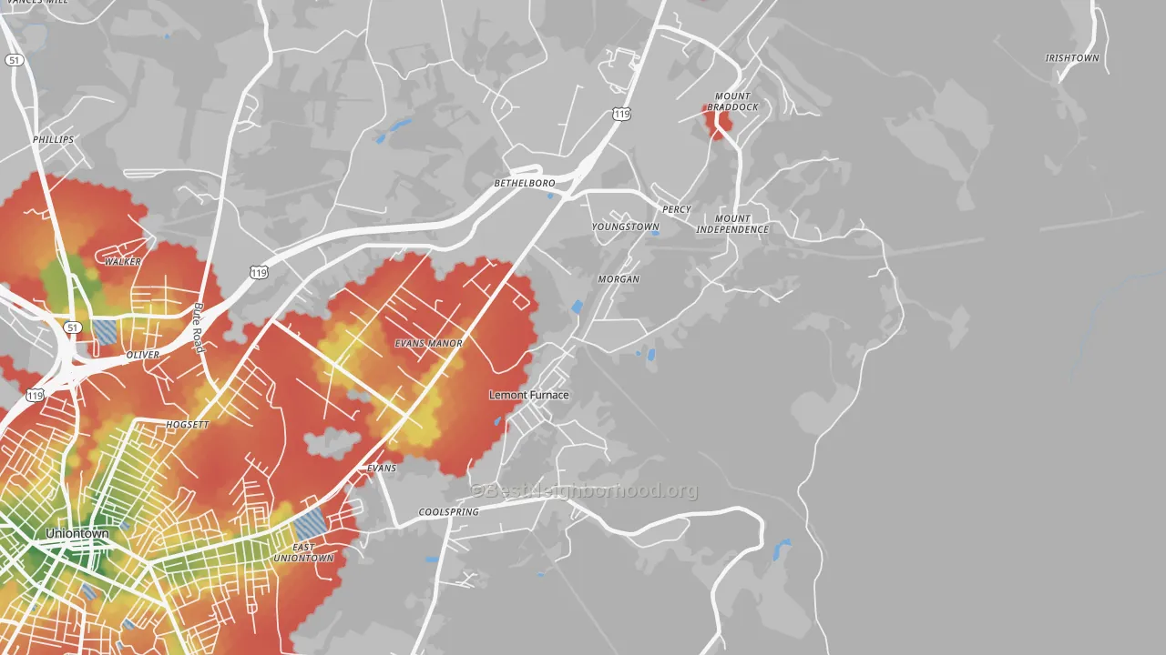 Walk Grade map of Lemont Furnace, PA, walkable areas in green and car-dependent areas in red