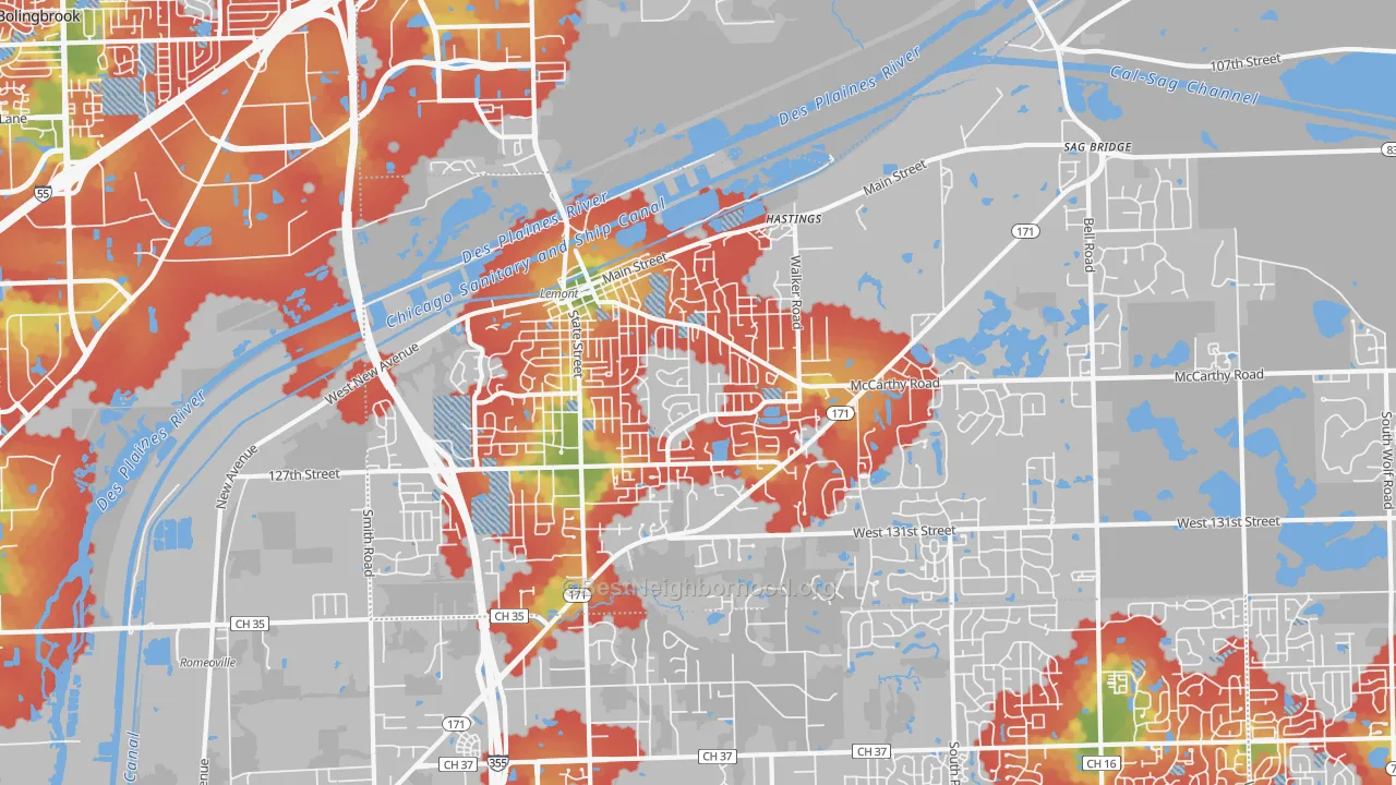 Walk Grade map of Lemont, IL, walkable areas in green and car-dependent areas in red