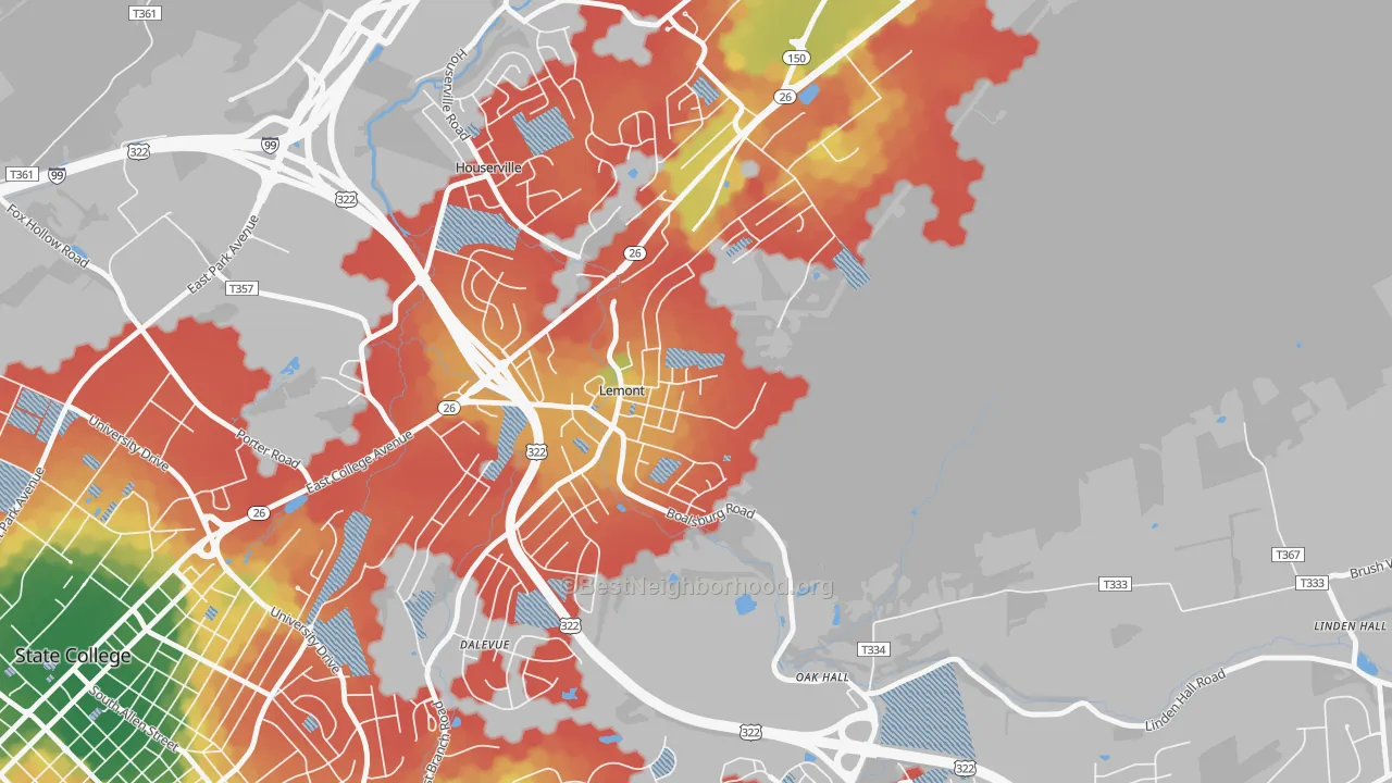 Walk Grade map of Lemont, PA, walkable areas in green and car-dependent areas in red