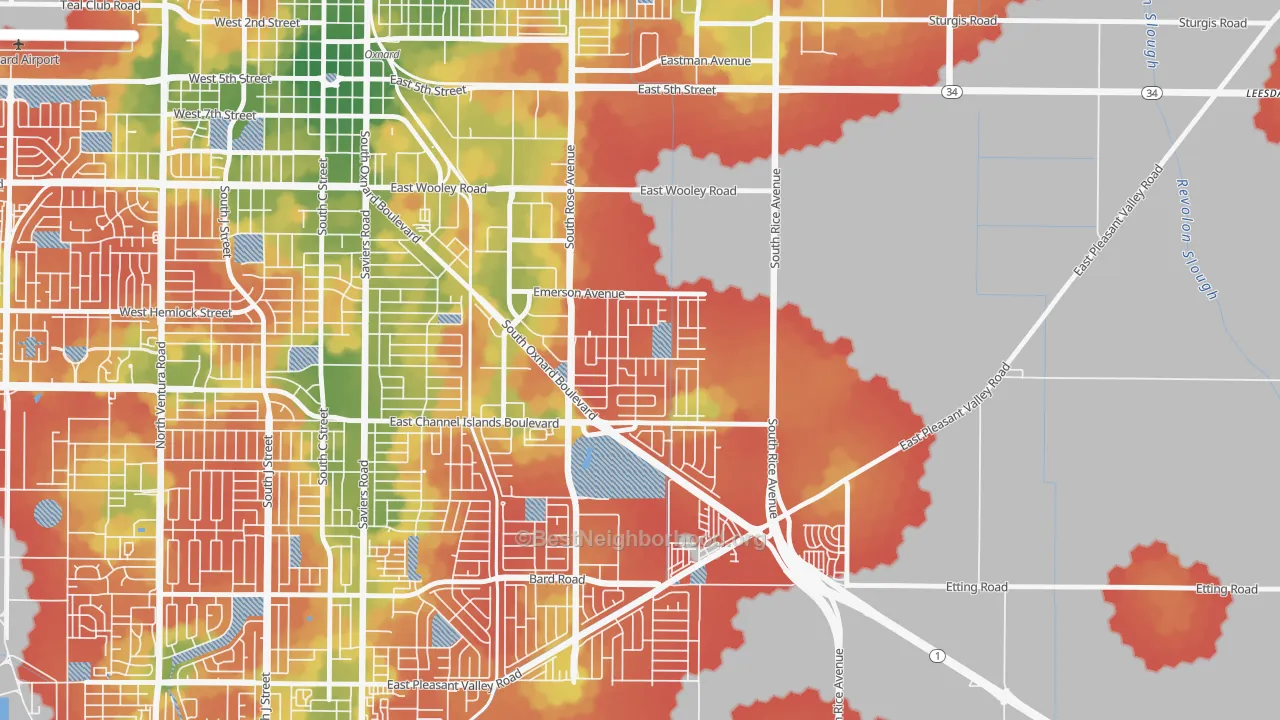 Walk Grade map of Lemonwood Eastmont, Oxnard, CA, walkable areas in green and car-dependent areas in red