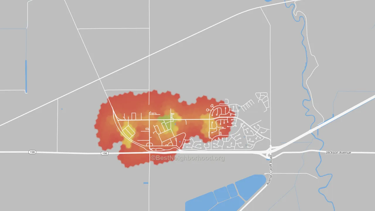 Walk Grade map of Lemoore Station, CA, walkable areas in green and car-dependent areas in red