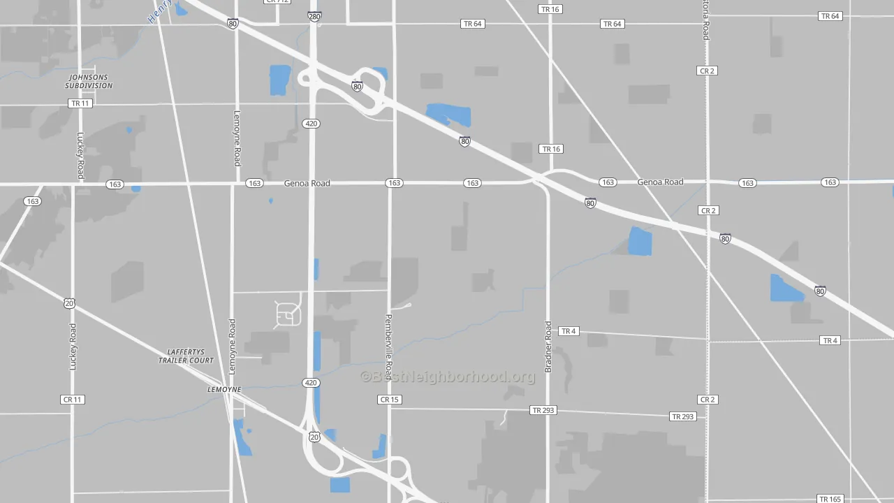 Walk Grade map of Lemoyne, OH, walkable areas in green and car-dependent areas in red