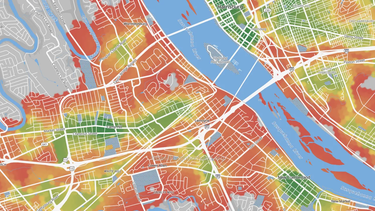 Walk Grade map of Lemoyne, PA, walkable areas in green and car-dependent areas in red