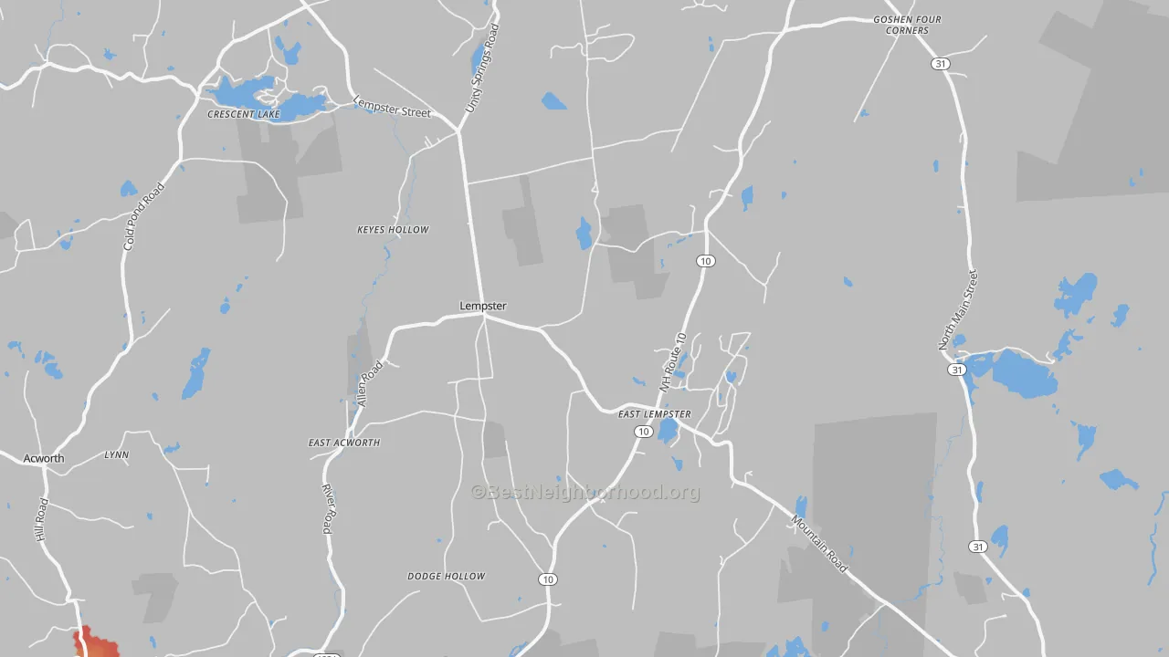 Walk Grade map of Lempster, NH, walkable areas in green and car-dependent areas in red
