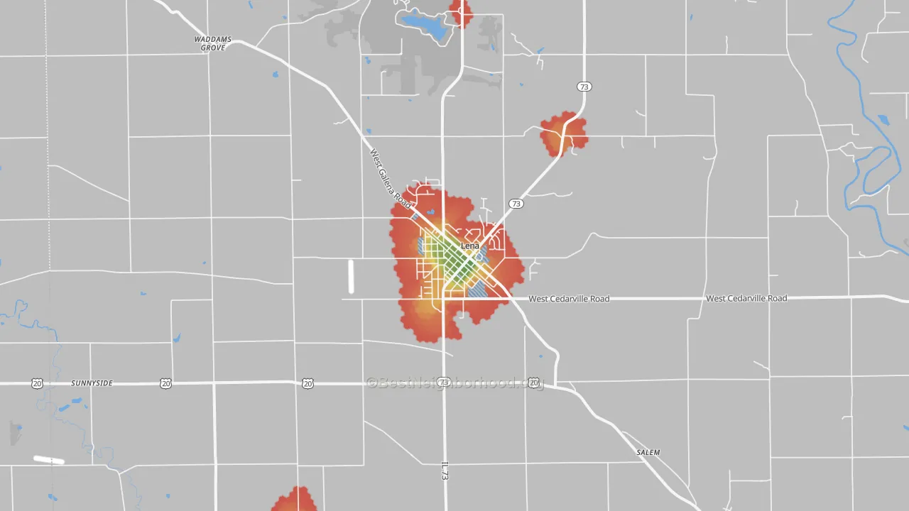 Walk Grade map of Lena, IL, walkable areas in green and car-dependent areas in red