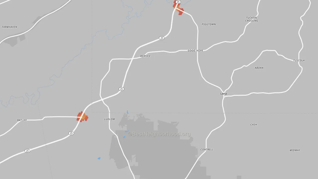 Walk Grade map of Lena, MS, walkable areas in green and car-dependent areas in red