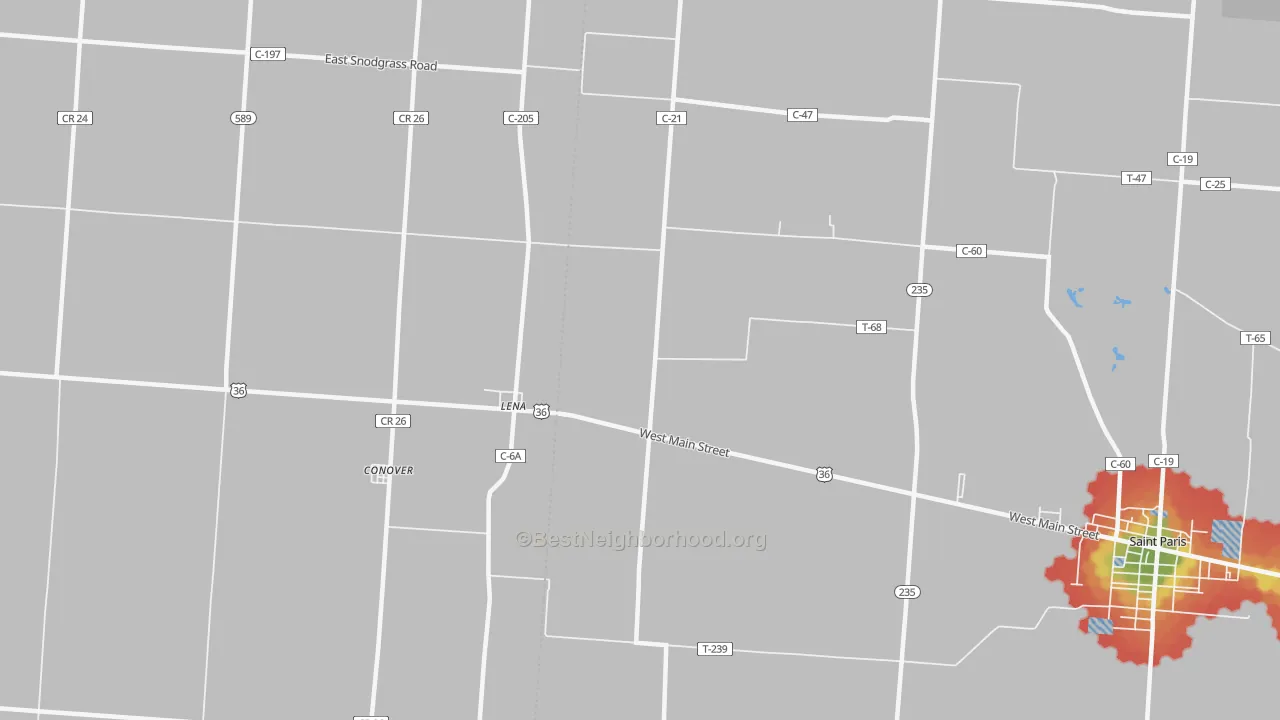 Walk Grade map of Lena, OH, walkable areas in green and car-dependent areas in red