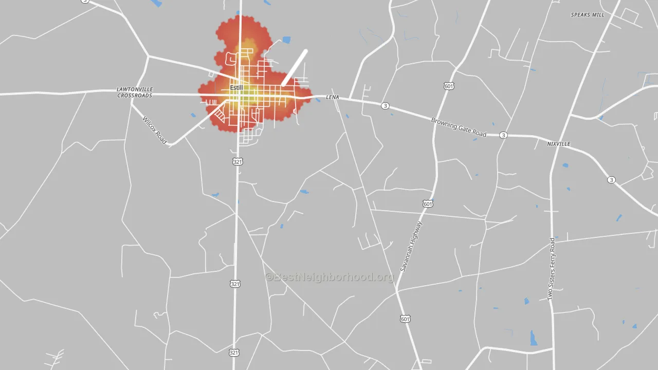 Walk Grade map of Lena, SC, walkable areas in green and car-dependent areas in red