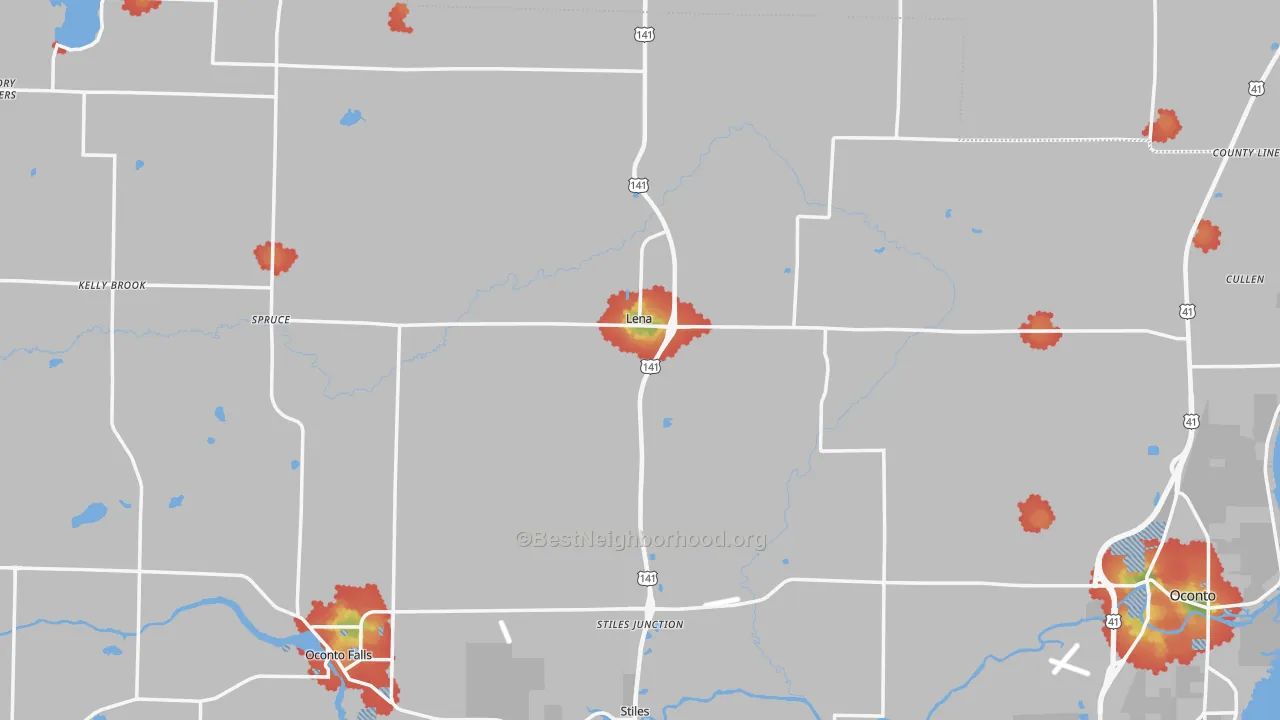 Walk Grade map of Lena, WI, walkable areas in green and car-dependent areas in red