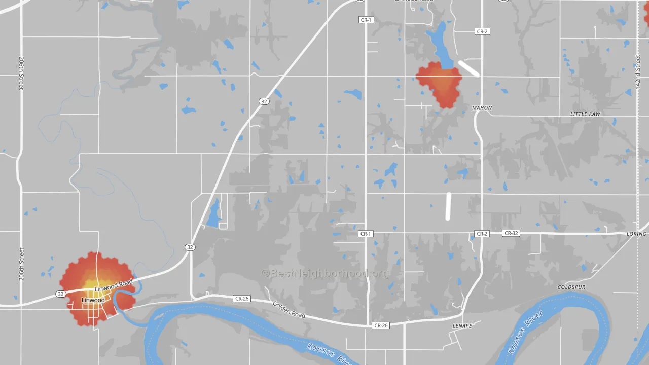 Walk Grade map of Lenape, KS, walkable areas in green and car-dependent areas in red