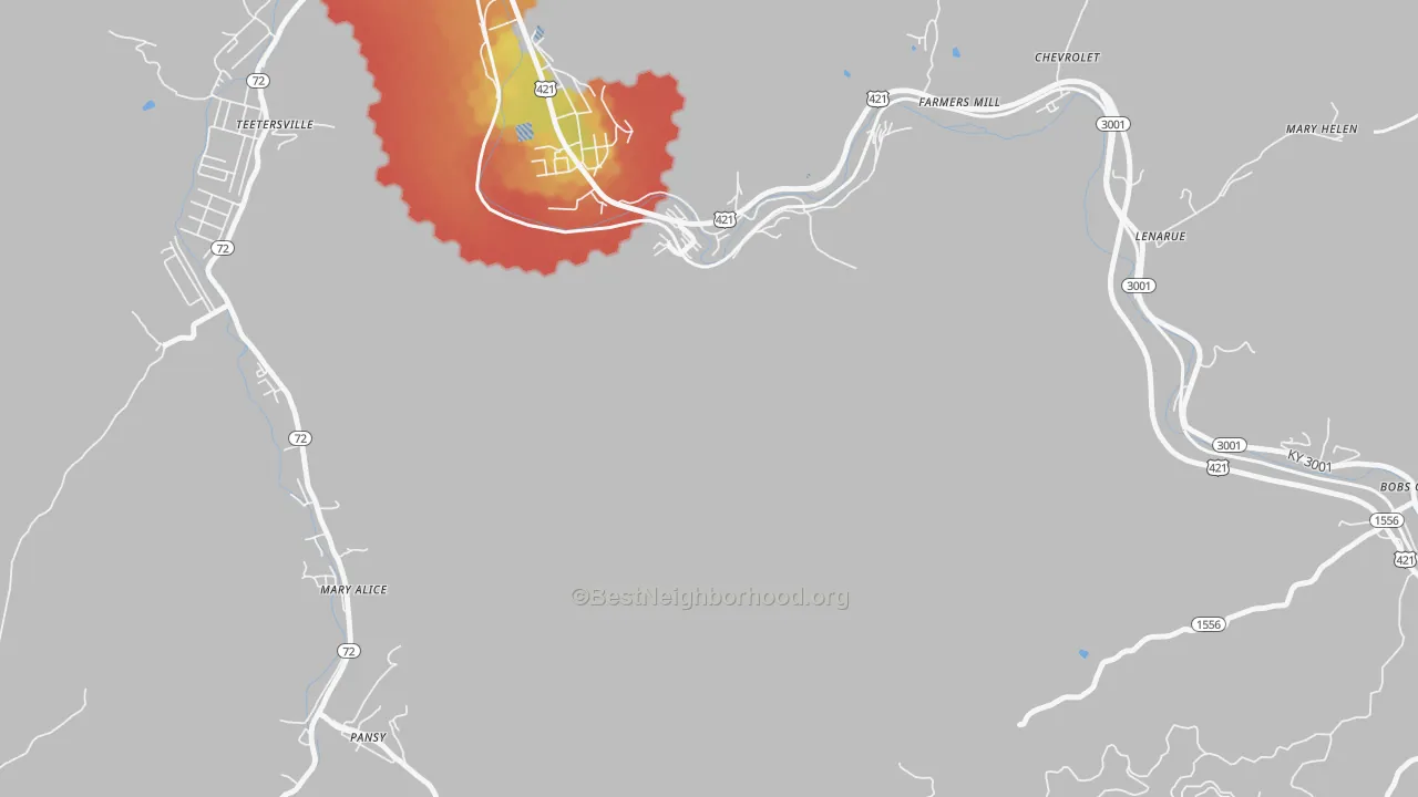 Walk Grade map of Lenarue, KY, walkable areas in green and car-dependent areas in red
