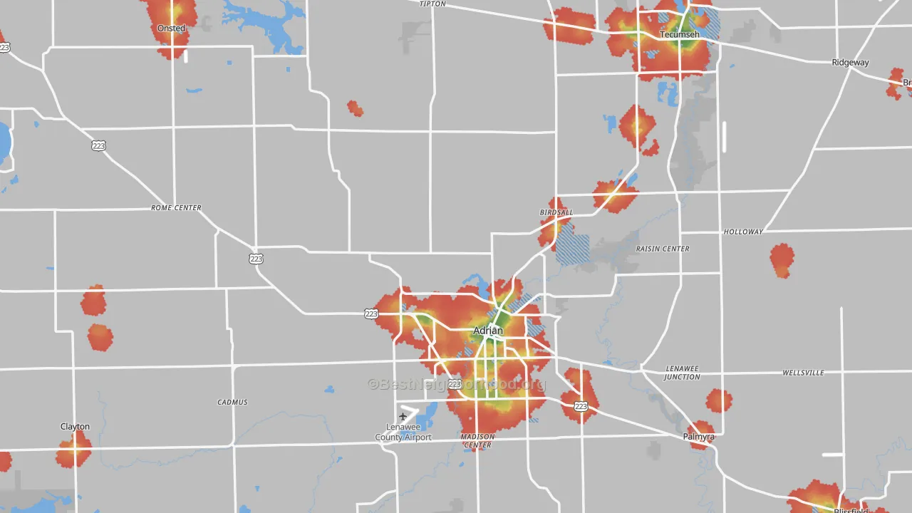 Walk Grade map of Lenawee County, MI, walkable areas in green and car-dependent areas in red