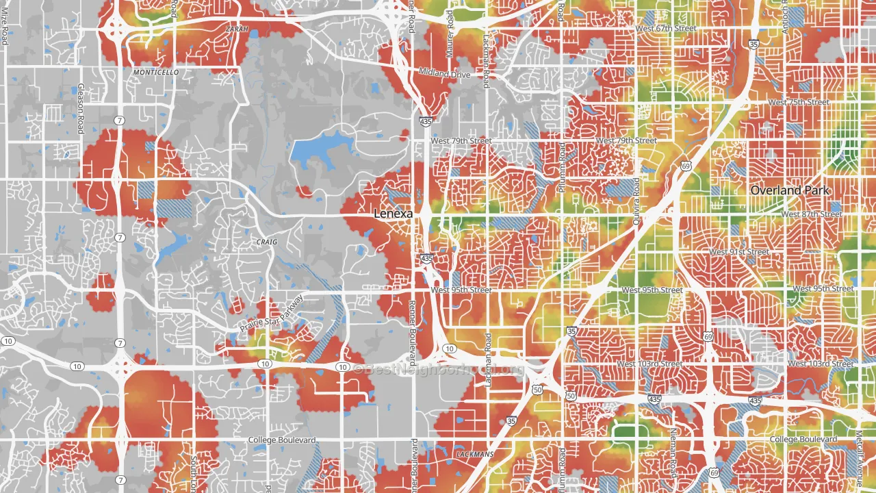Walk Grade map of Lenexa, KS, walkable areas in green and car-dependent areas in red