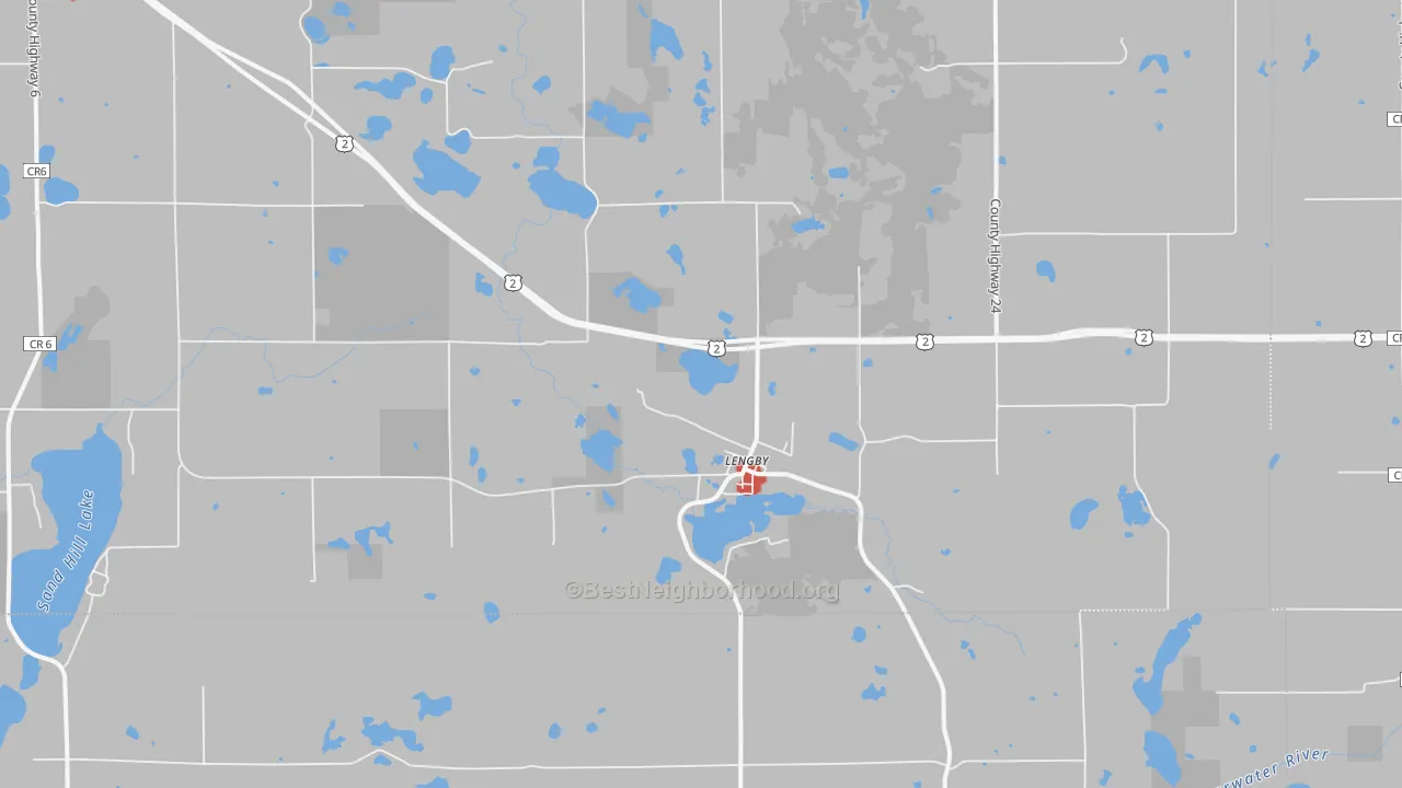 Walk Grade map of Lengby, MN, walkable areas in green and car-dependent areas in red